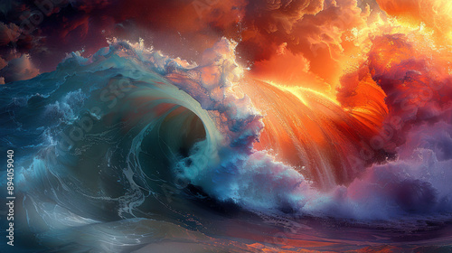 Dramatic Abstract Ocean Wave with Fiery Sky