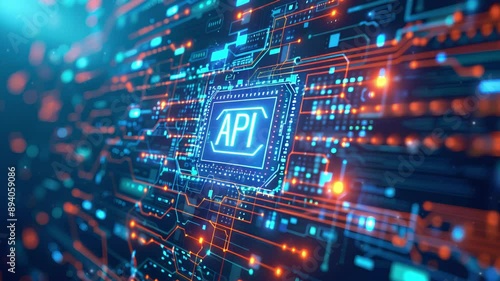 A digital technology background with a focus on the acronym API, which stands for Application Programming Interface, highlighted in the center amidst abstract high-tech elements and binary code.