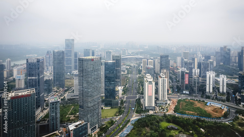 Aerial View of a Modern Urban Skyline with Skyscrapers