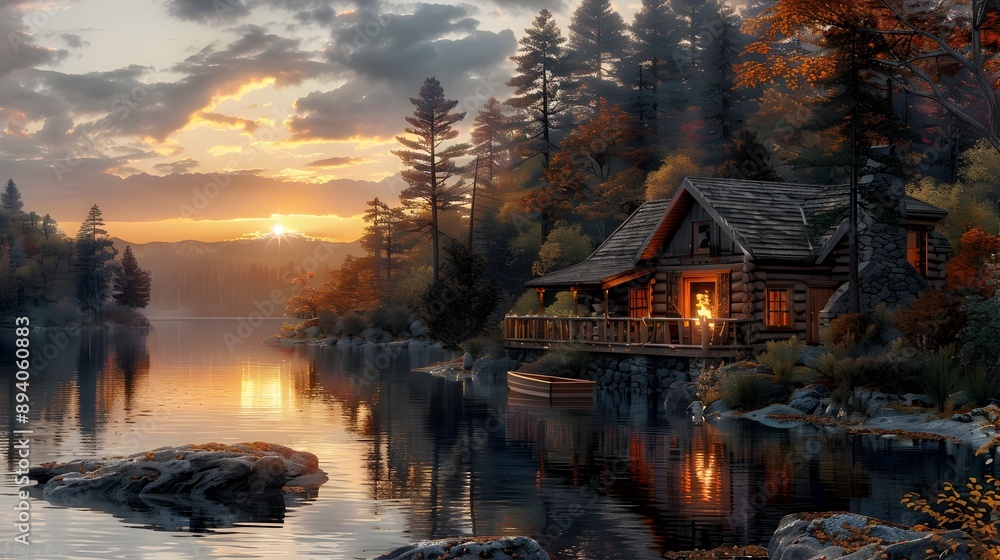 Fototapeta premium Serene Lakeside Cabin Nestled Amidst Autumnal Pines and Mirrored Waters