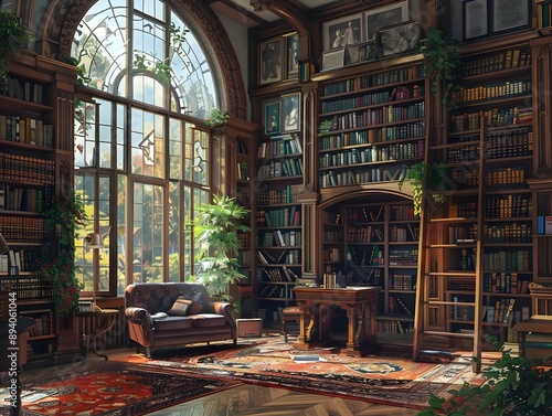 Wallpaper Mural Cozy Vintage Bookstore with Antique Shelves,Leather Armchair,and Stained Glass Windows Torontodigital.ca