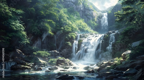 Majestic Waterfall Cascading Down Rugged Cliffs,Thunderous Power,Lush Natural Wonder