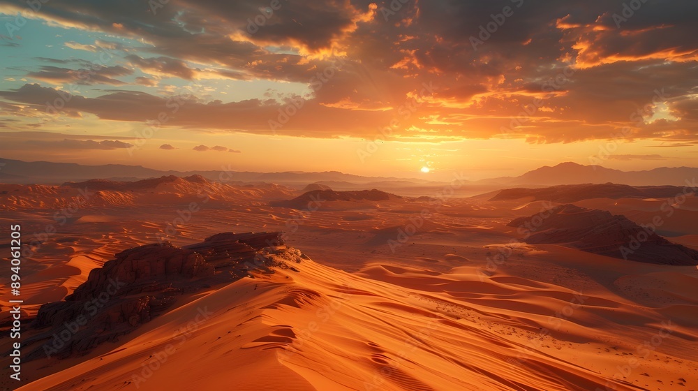 Vast,Arid Desert Landscape with Towering Sand Dunes and Glowing Sunset Skies Vast,Arid Desert Landscape with Towering Sand Dunes and Glowing Sunset Skies