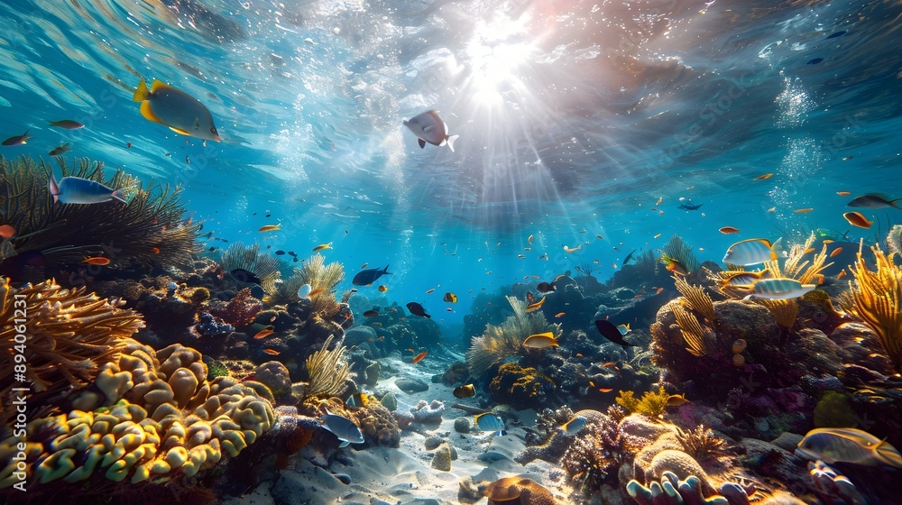 Obraz premium Vibrant Underwater Coral Reef Teeming with Colorful Marine Life and Exotic Sea Creatures