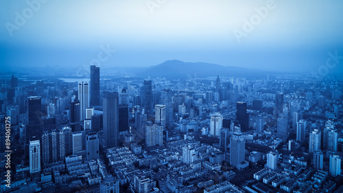 A Stunning Blue-Toned Aerial View of a Bustling Urban Landscape