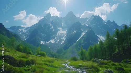 Breathtaking Mountain Landscape Bathed in Sunlight with Majestic Alpine Peaks and Scenic Hiking Trails