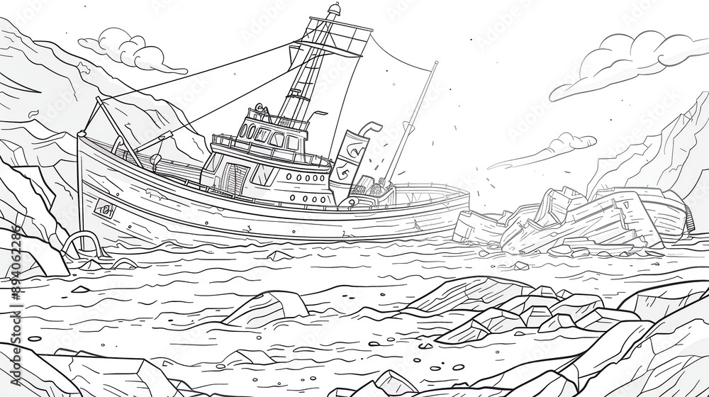 Fototapeta premium kids coloring book pageGroupers near a shipwreckheavy line art, clean line art, simple, only line