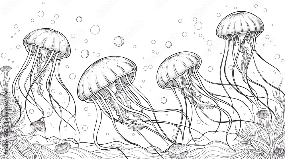 kids coloring book pageJellyfish drifting in the currentheavy line art, clean line art, simple, only line kids coloring book pageJellyfish drifting in the currentheavy line art, clean line art, simple, only line