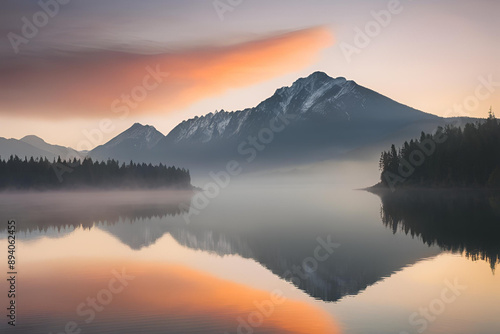 Wallpaper Mural Sunrise over a misty lake with mountains in the background Torontodigital.ca