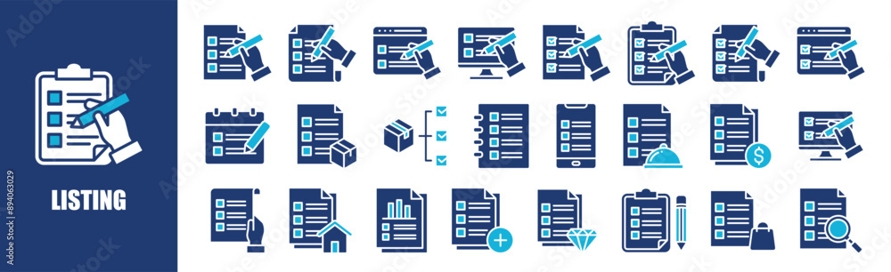 Listing icon collection set. Containing design,list, checklist, check, mark, and more. Solid vector icons collection. Listing icon collection set. Containing design,list, checklist, check, mark, and more. Solid vector icons collection.