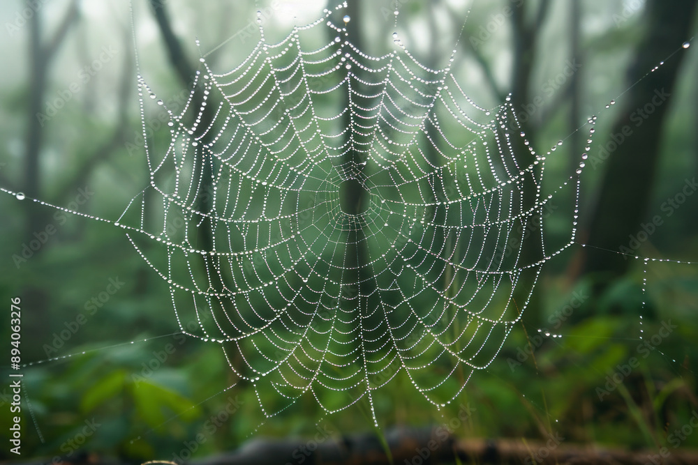 Spider Web with Dew Drops in a Misty Forest Spider Web with Dew Drops in a Misty Forest