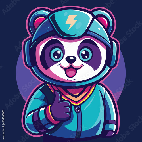 Neon panda avatar vector-style image of a cute panda with a motorcycle helmet gives a thumbs up