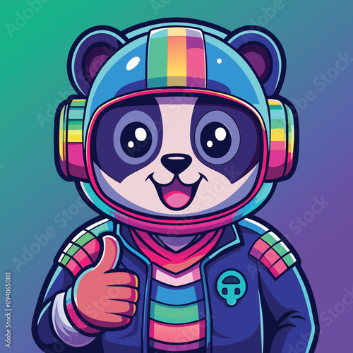 Neon panda avatar vector-style image of a cute panda with a motorcycle helmet gives a thumbs up