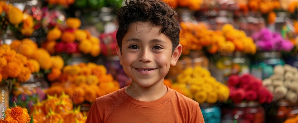 Portrait Of A Boy Picking Candies From A Piñata During A Day Of The Dead Celebration, His Eyes Full Of Excitement Portrait Of A Boy Picking Candies From A Piñata During A Day Of The Dead Celebration, His Eyes Full Of Excitement
