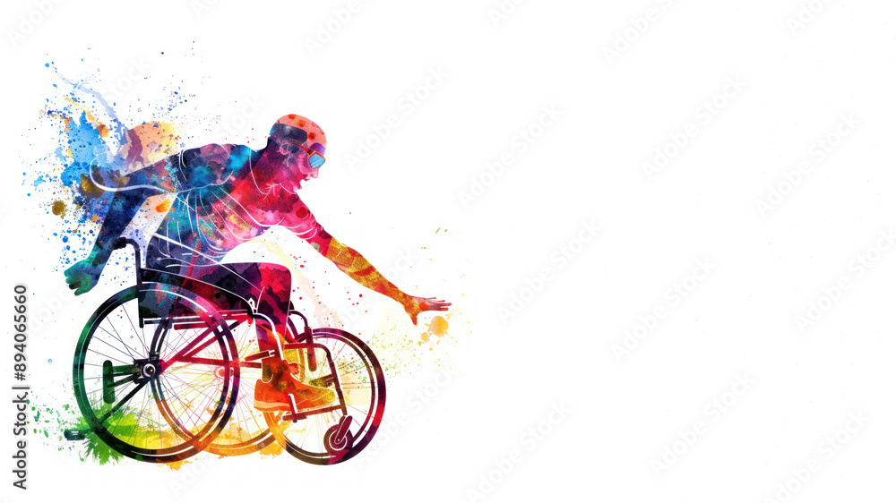 Fototapeta premium Colorful watercolor painting of disabled athlete on wheelchair at race