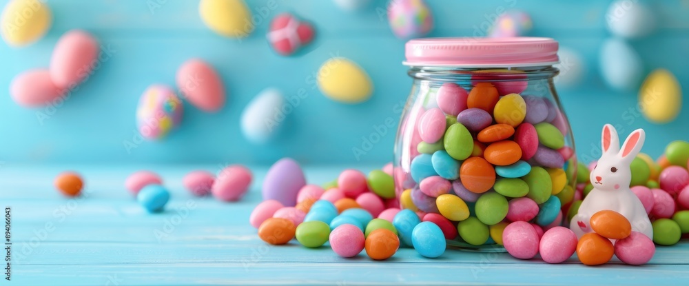 Easter Candies In A Jar And Bunnies On A White Wooden Table, Creating A Festive Scene Easter Candies In A Jar And Bunnies On A White Wooden Table, Creating A Festive Scene