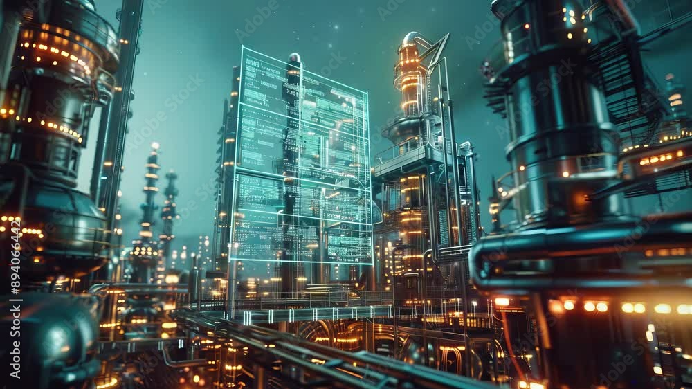 Factory oil refinery with futuristic screen display
Factory oil refinery with futuristic screen display