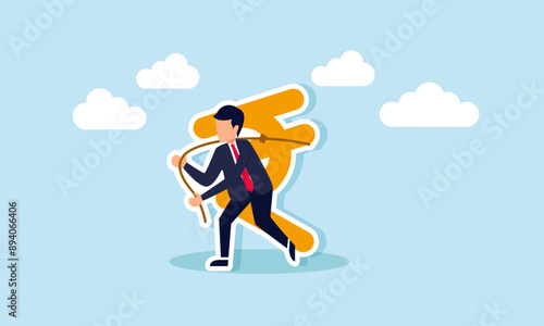Indian investment opportunities economic policies, budget, currency, wages, and income, concept of A successful businessman investor pulls a large Indian rupee symbol