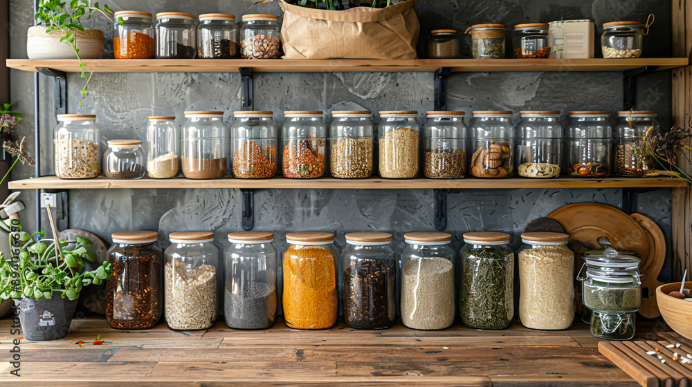 Fototapeta premium Eco-Friendly Zero Waste Modern Kitchen with Glass Jars, Reusable Bags, and Compost Bin