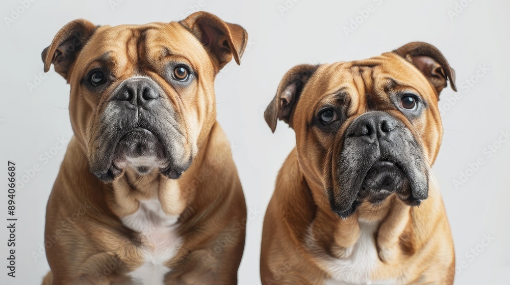 Fototapeta premium Studio portrait of adorable bulldogs on white backdrop