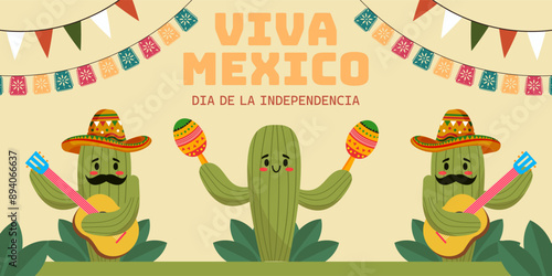 viva mexico independence day horizontal banner illustration