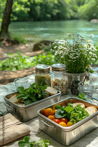 Eco-Friendly Zero-Waste Picnic in the Park with Reusable Cutlery, Cloth Napkins, and Stainless Steel Lunchboxes