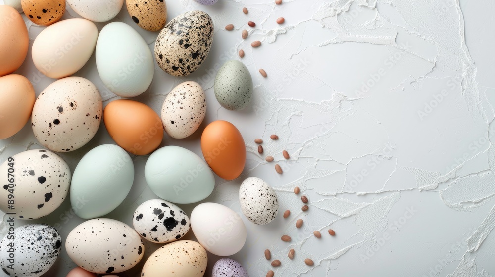 Variety of eggs displayed on table for designing banner Variety of eggs displayed on table for designing banner
