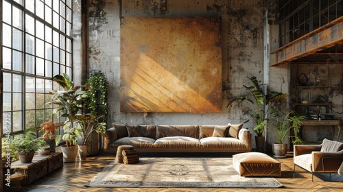 A mockup of an empty large square canvas on the wall in an industrial loft .