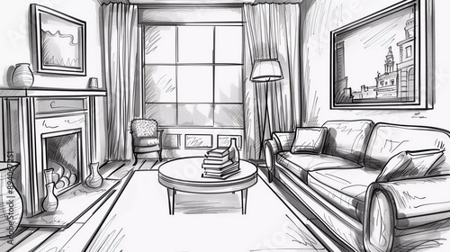 Living room drawing sketch monochrome black and white home interior graphic vector illustration. Isolated on white background which is very beautiful