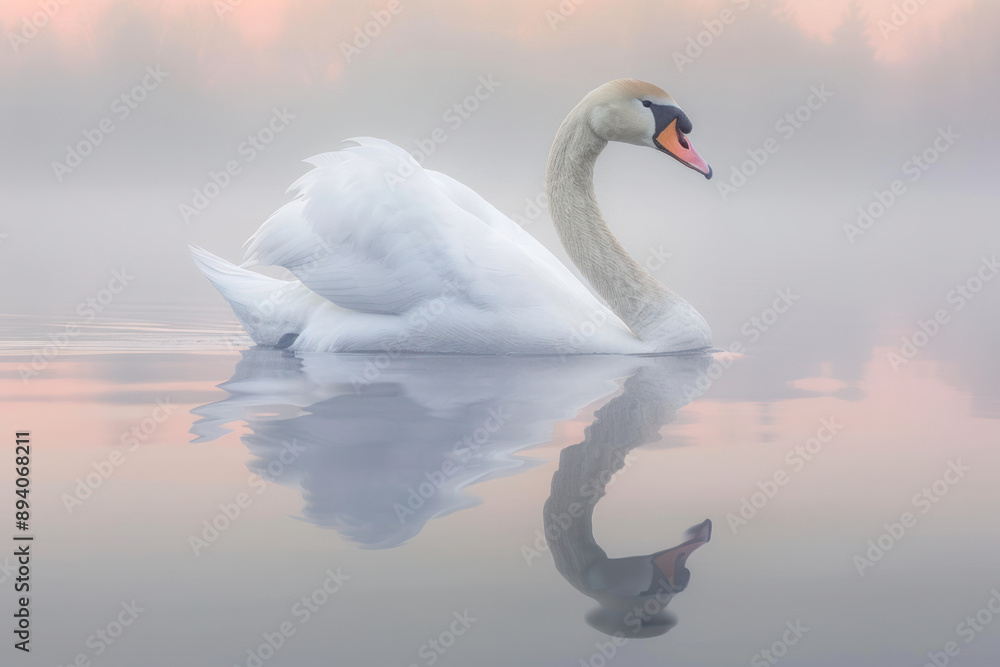 Fototapeta premium Graceful Swan Gliding on Serene Lake at Dawn