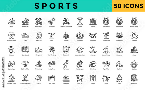 Sports icon set with sailing, equestrian, motorsports, formula 1, opening, ceremony, trophy, podium, gold medal, silver medal , bronze medal icon. Simple line vector 