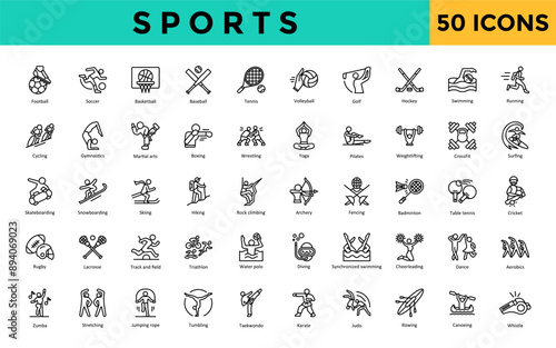 Sports icon set with football, soccer, basketball, baseball, tennis, volleyball, golf, hockey, swimming, running icon. Simple line vector 
