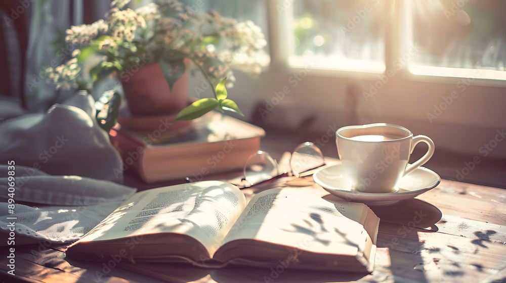 A serene morning setting with a cup of coffee, an open book, and a pair of reading glasses on a table A serene morning setting with a cup of coffee, an open book, and a pair of reading glasses on a table