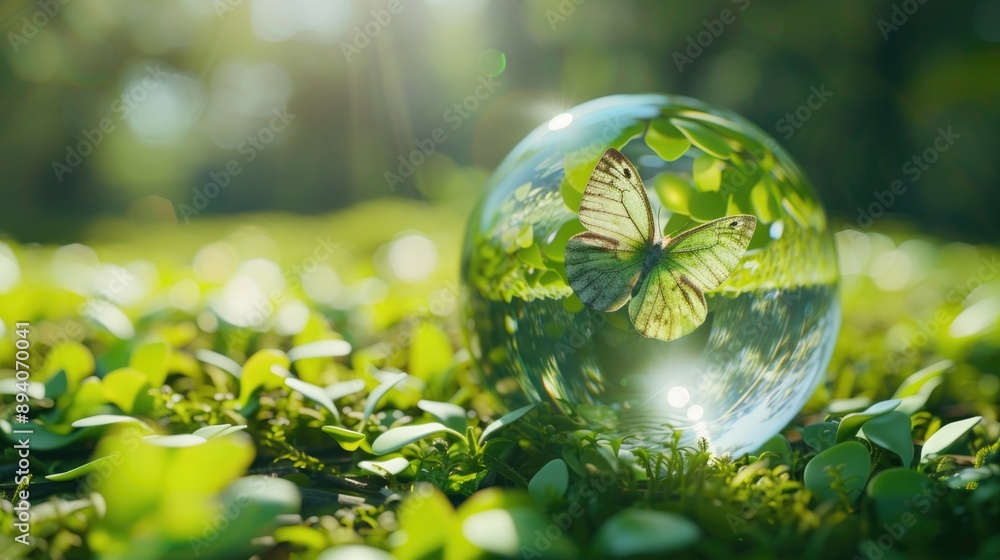 ESG green energy sustainable industry. World environment day concept.Globe Glass with butterfly. circular economy renewable energy . sustainable development goals.Environmental protection renewable ESG green energy sustainable industry. World environment day concept.Globe Glass with butterfly. circular economy renewable energy . sustainable development goals.Environmental protection renewable