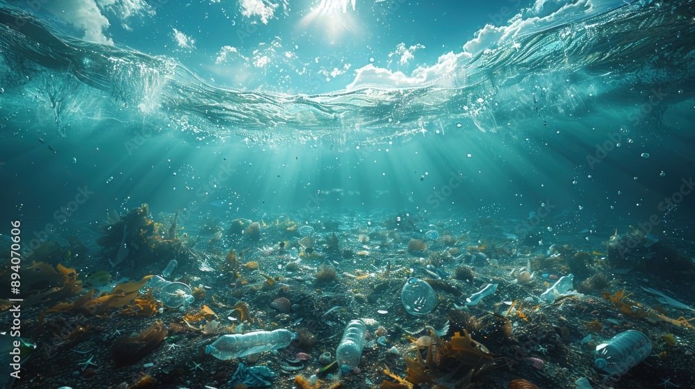 Obraz premium An ocean with plastic waste floating in it, an under water shot with a plastic bottle.