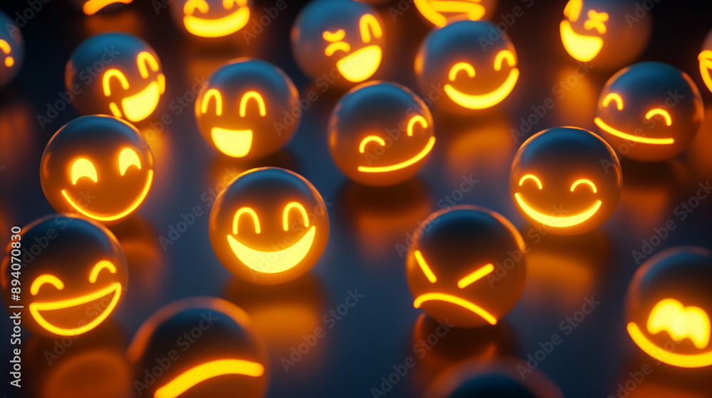 Glowing emojis on mirrored surface