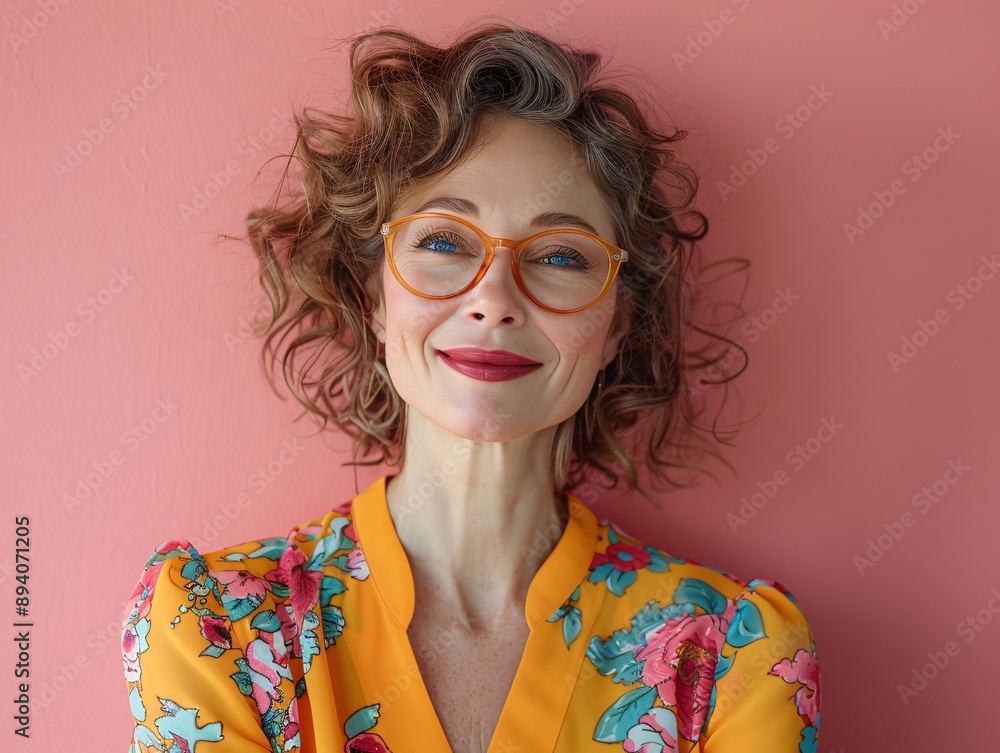 Joyful portrait of a middle-aged woman in floral attire and glasses Joyful portrait of a middle-aged woman in floral attire and glasses
