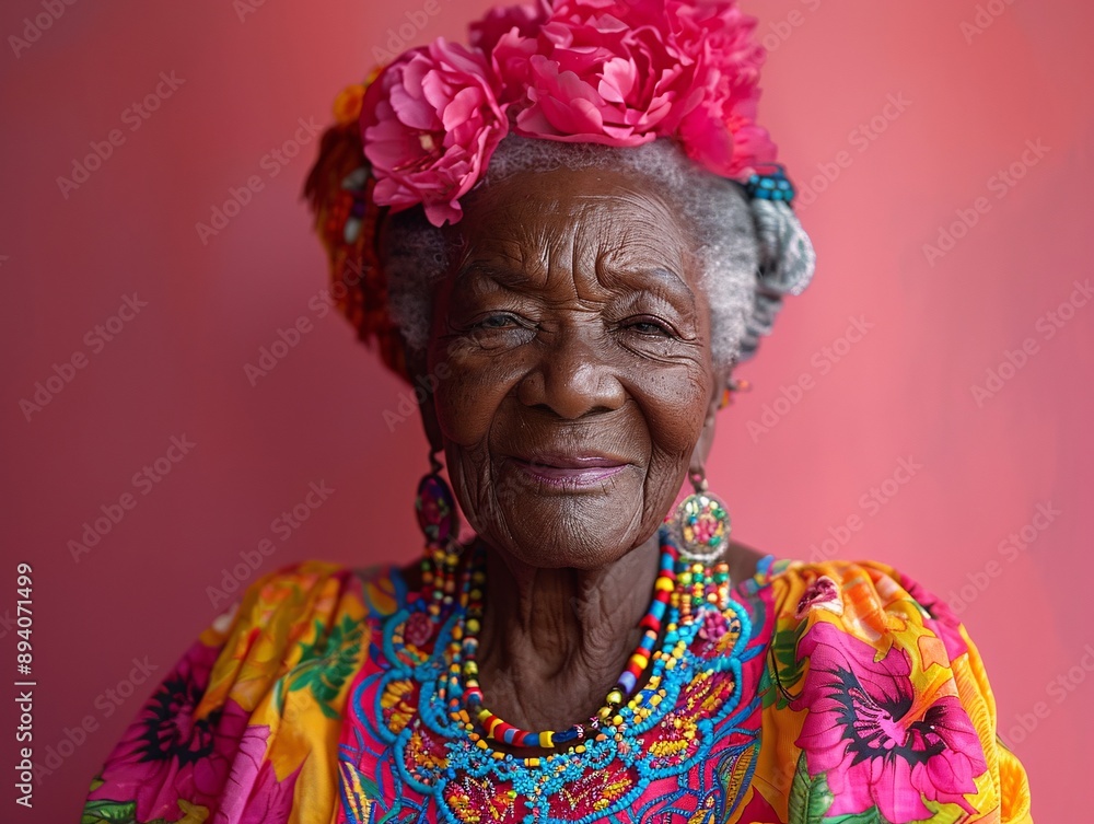 Joyful portrait of an elderly woman in vibrant attire Joyful portrait of an elderly woman in vibrant attire