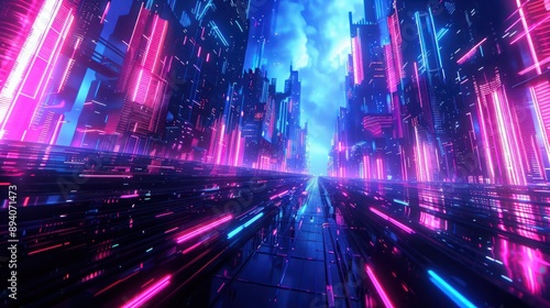 A digital landscape of neon lights and futuristic structures, resembling a city from a sci-fi novel. 32k, full ultra HD, high resolution