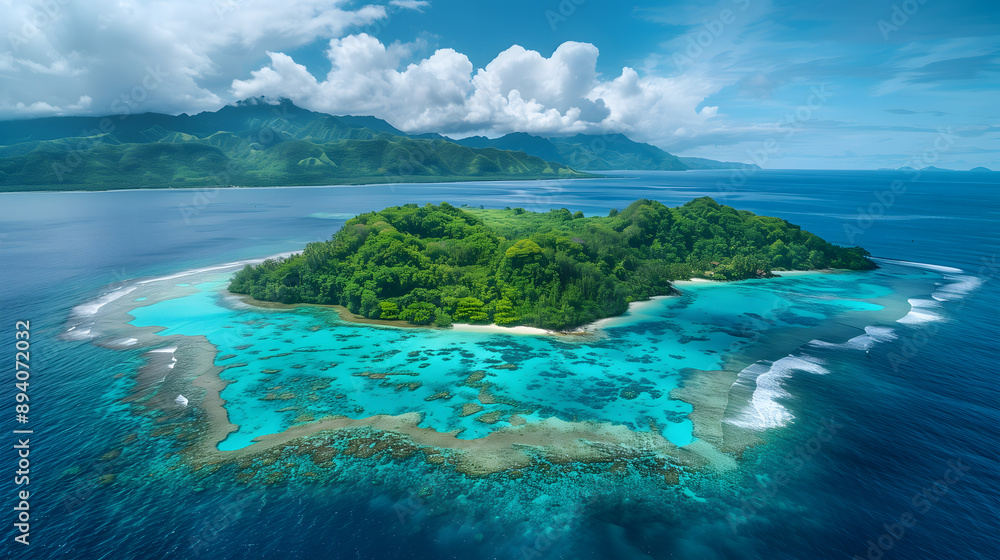 Fototapeta premium Tack-sharp drone photo of a small island, coral reef visible underwater, tropical paradise,