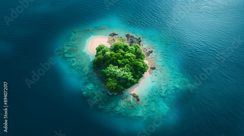 Tack-sharp drone photo of a small island, coral reef visible underwater, tropical paradise,