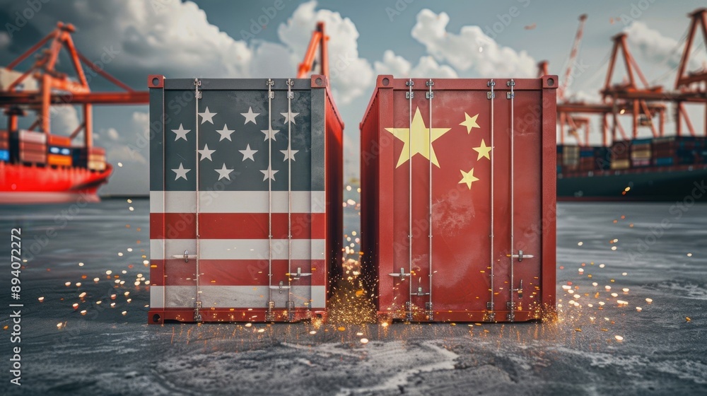 Shipping containers with US and China flags showing trade tension at a ...