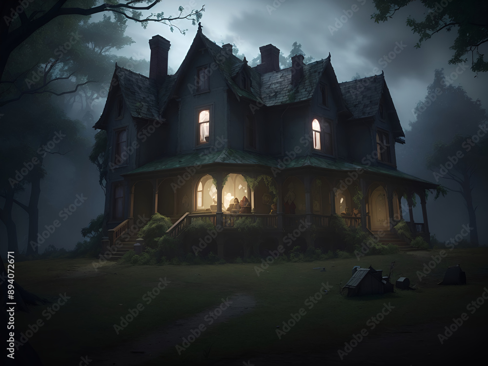 a house with a porch Under a Full Moon, the Wind Rustles Through a Dark Forest as a Wolf Howls a house with a porch Under a Full Moon, the Wind Rustles Through a Dark Forest as a Wolf Howls