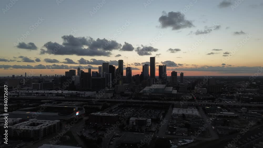 Downtown Houston, Texas during sunset from a drone Downtown Houston, Texas during sunset from a drone