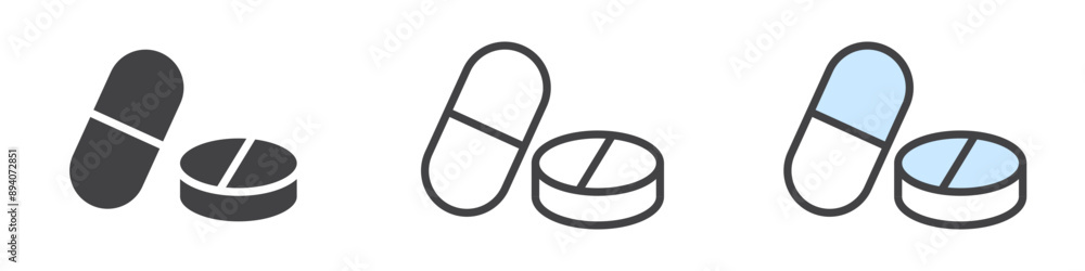 Pills icon sign set in outline style graphics design Pills icon sign set in outline style graphics design
