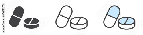 Pills icon sign set in outline style graphics design