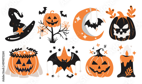 Set of isolated Halloween decoration elements for sticker, badge, tag or label in cute graphic illustration style on transparent background, Volume 8: vivid orange, beige and black color tone.