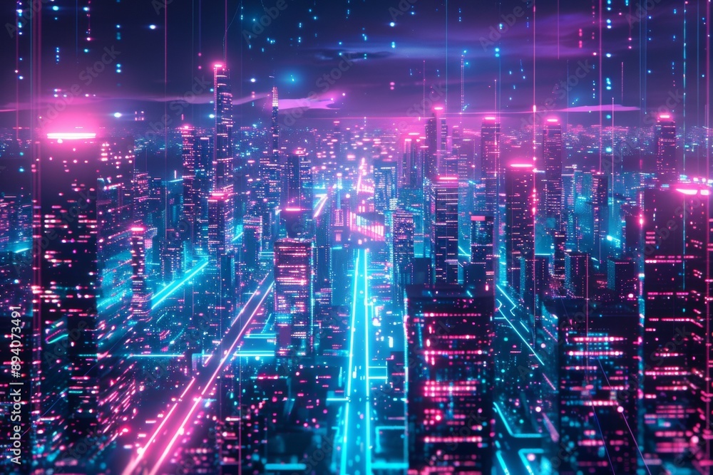 A panoramic cityscape at night, glowing with neon lights and holographic data streams, protected by a translucent digital shield, glitch art A panoramic cityscape at night, glowing with neon lights and holographic data streams, protected by a translucent digital shield, glitch art