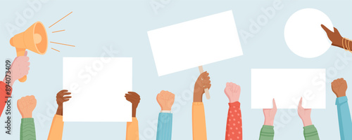 Hand hold blank signs and boards at a protest. Hands with template placards and a megaphone show community strength and solidarity. People demonstrate empowerment and support for each other.