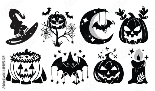 Set of isolated Halloween decoration elements for sticker, badge, tag or label in cute graphic illustration style on transparent background, Volume 8: Black silhouette style.